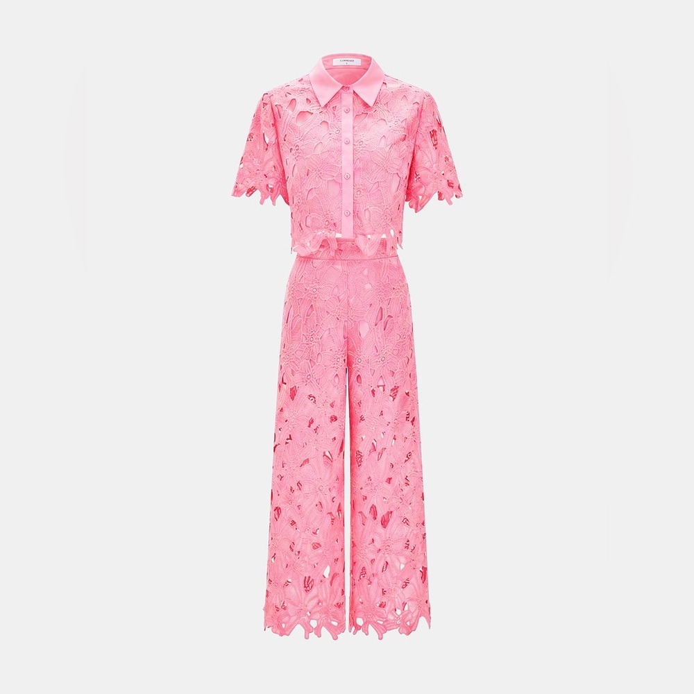 Commense Pink Lace Short-Sleeve Collared Jumpsuit